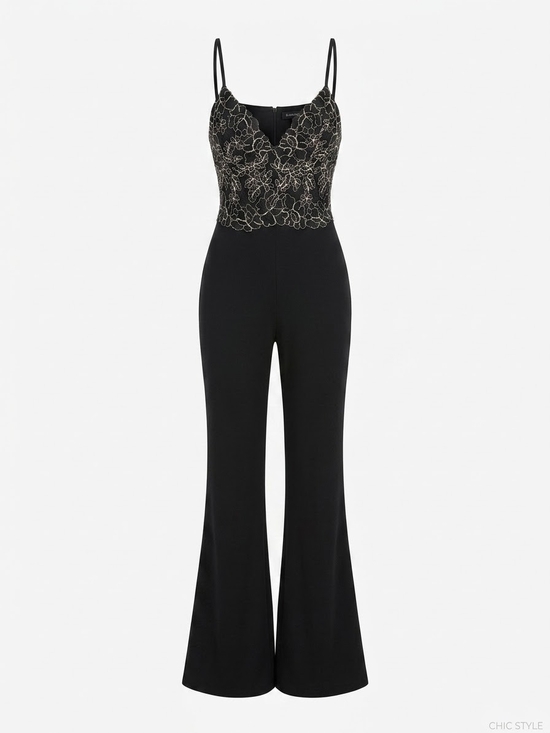 River Island Pants - Black Lace Bodice Flared Jumpsuit, River Island